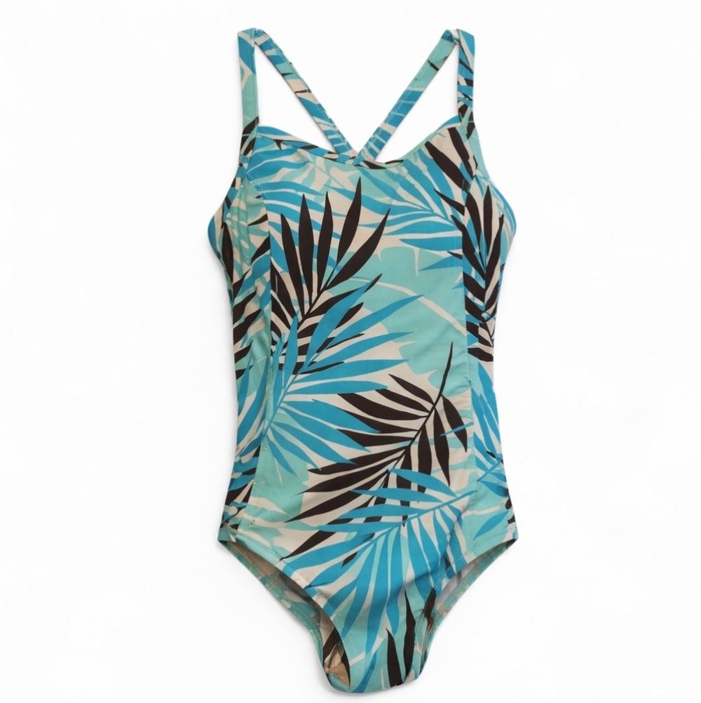 LLBEAN Tropical One-Piece Swimsuit Teal Blue Green Palm Leaf Print 12 New